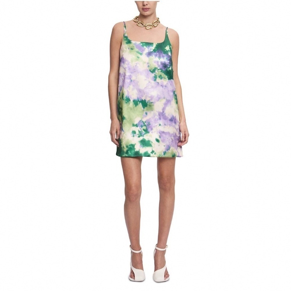 Alemais Alessandra Mini Dress Green Purple Watercolor Square Neck US 2 AU 6